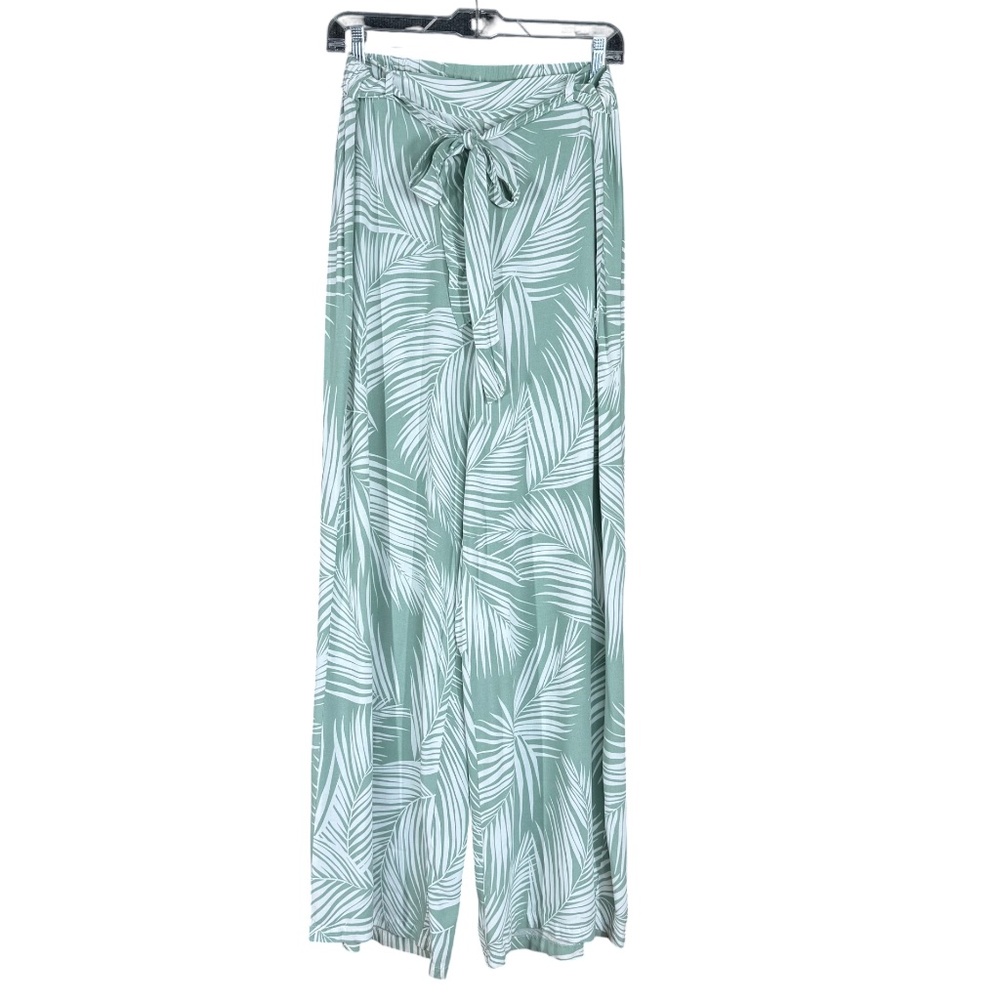 Mint Green Palm Print Wide Leg Pants Pull On Tie Waist Resort Size 14